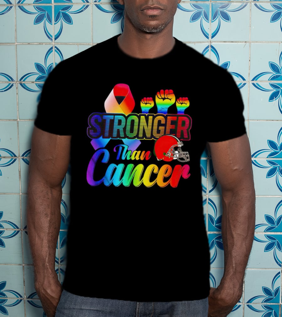 Cleveland Browns Stronger Than Cancer Rainbow Ribbon And Helmet T-Shirt