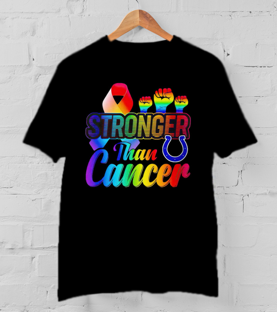 Stronger Than Cancer Indianapolis Colts Rainbow Ribbon And Fists Icons T-Shirt