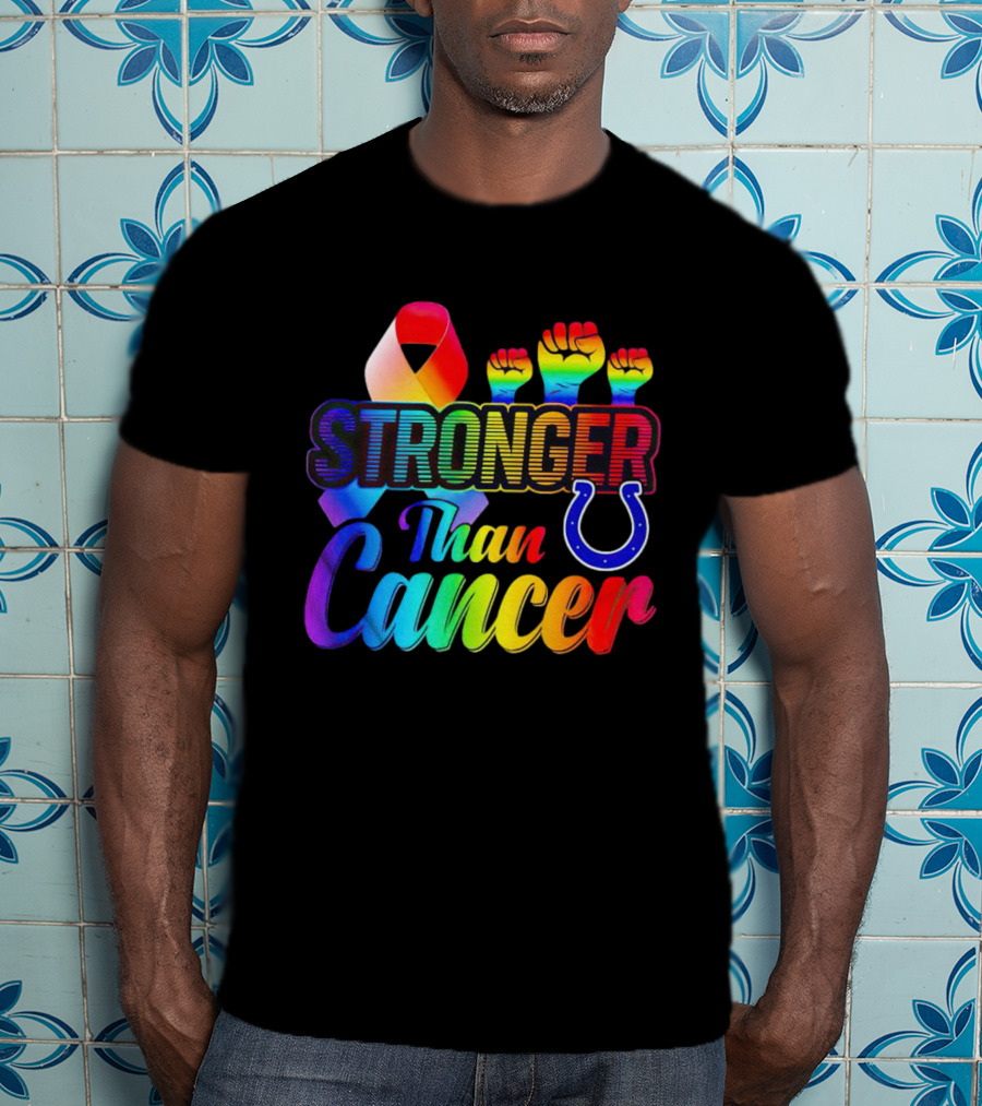 Stronger Than Cancer Indianapolis Colts Rainbow Ribbon And Fists Icons T-Shirt
