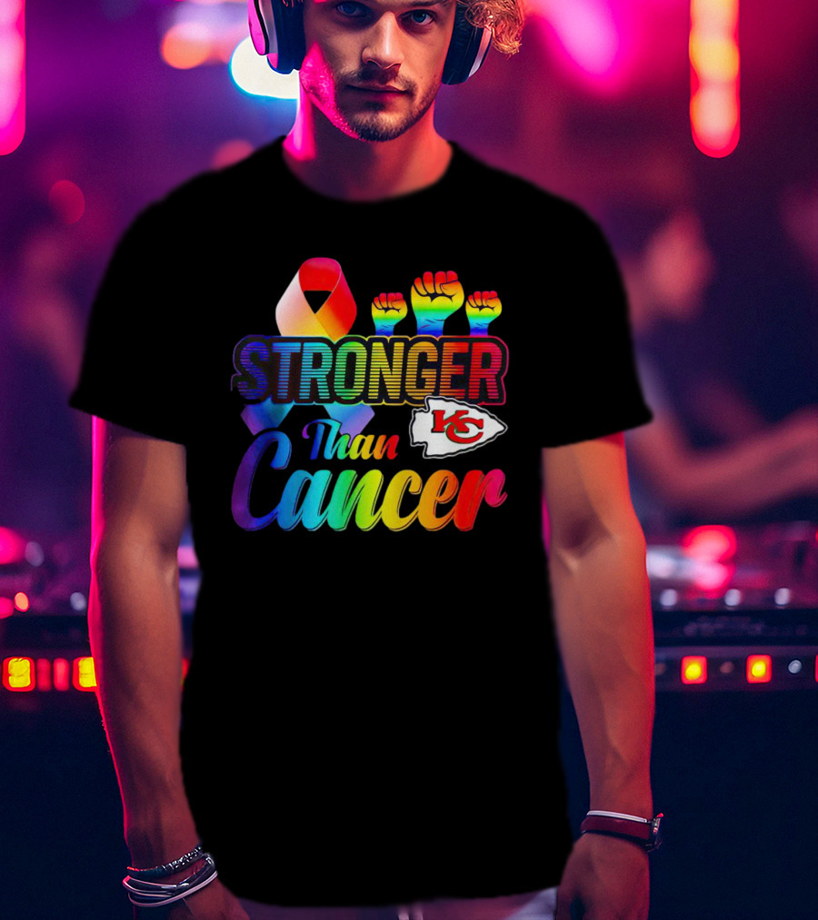 Kansas City Chiefs Stronger Than Cancer Rainbow Ribbon Fists T-Shirt
