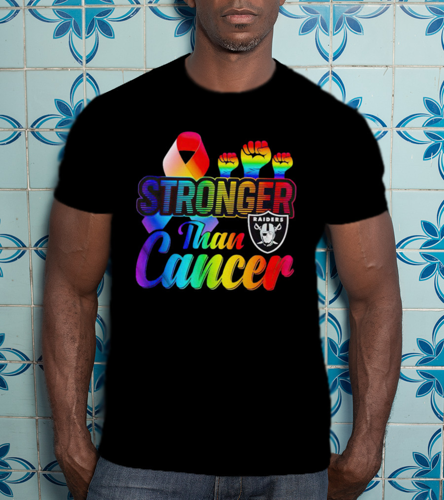 Stronger Than Cancer Las Vegas Raiders Rainbow Fists T-Shirt