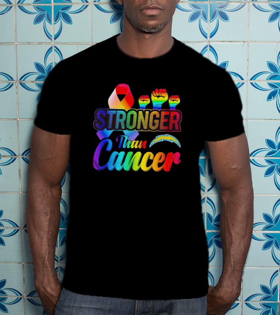 Los Angeles Chargers Stronger Than Cancer Rainbow Ribbon And Fists T-Shirt