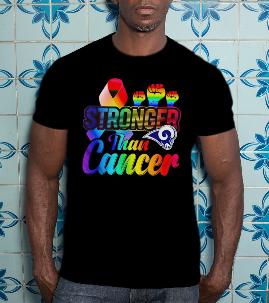 Stronger Than Cancer Los Angeles Rams Rainbow Ribbon Fists T-Shirt