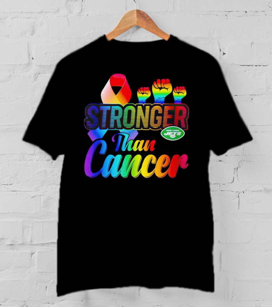 New York Jets Stronger Than Cancer Rainbow Ribbon And Fists T-Shirt