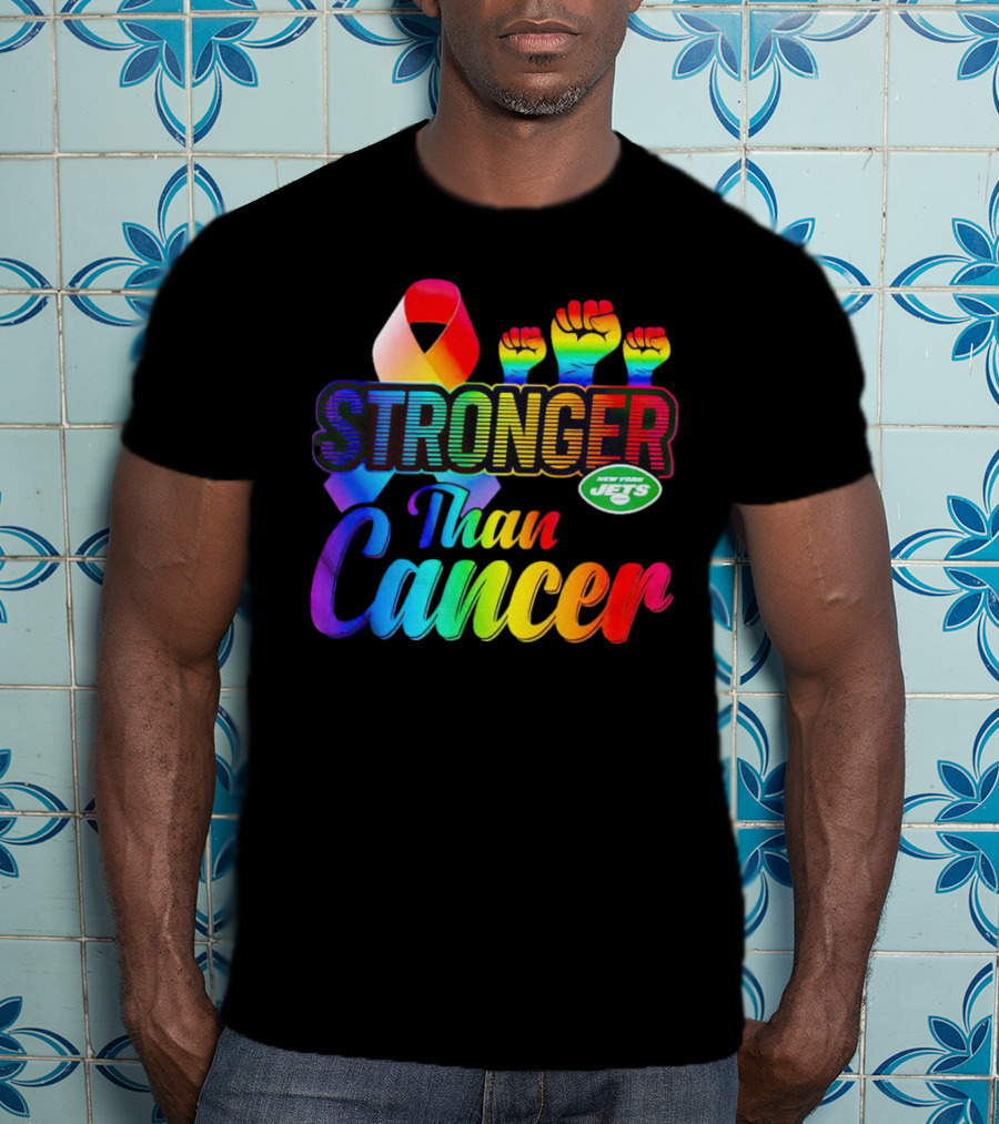 New York Jets Stronger Than Cancer Rainbow Ribbon And Fists T-Shirt