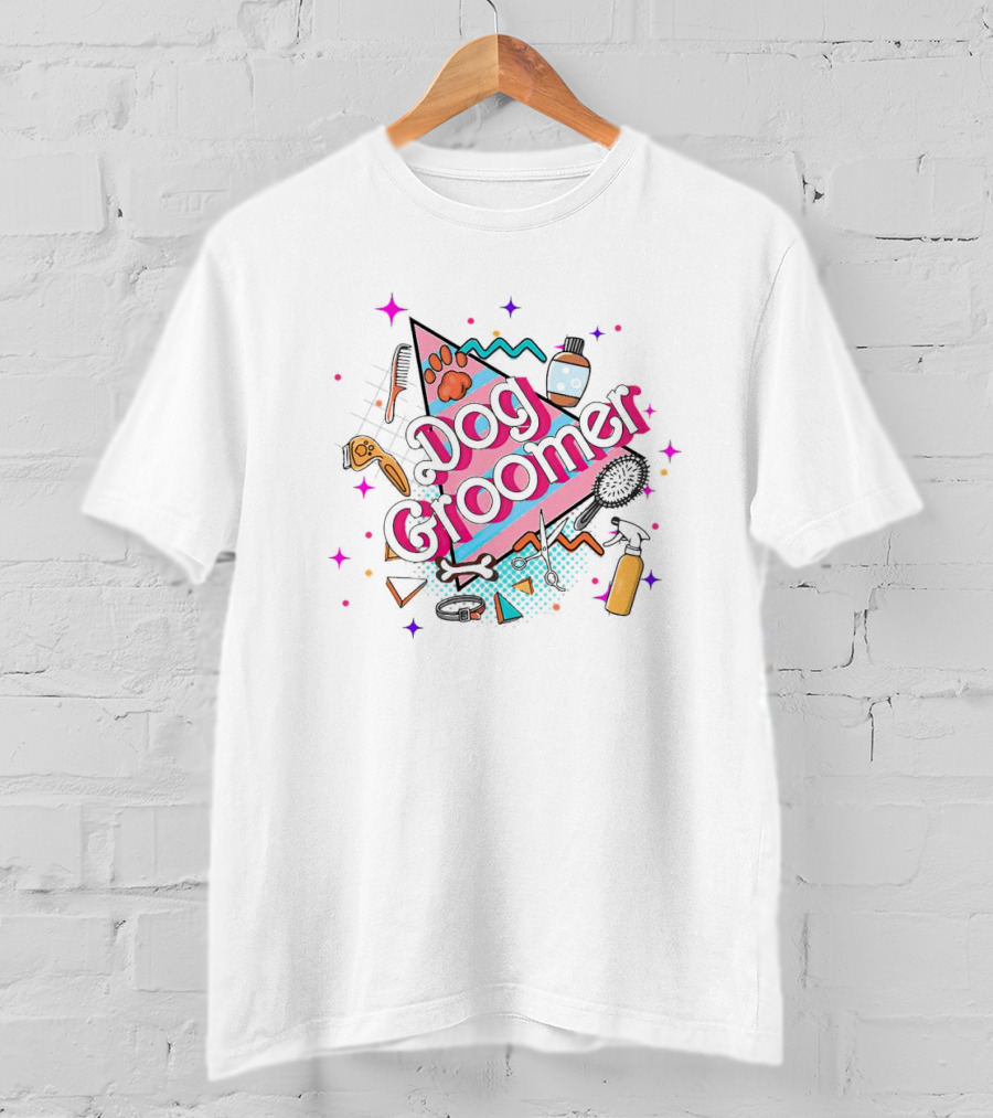 Dog Groomer Retro Pink Triangle Paws And Tools T-Shirt