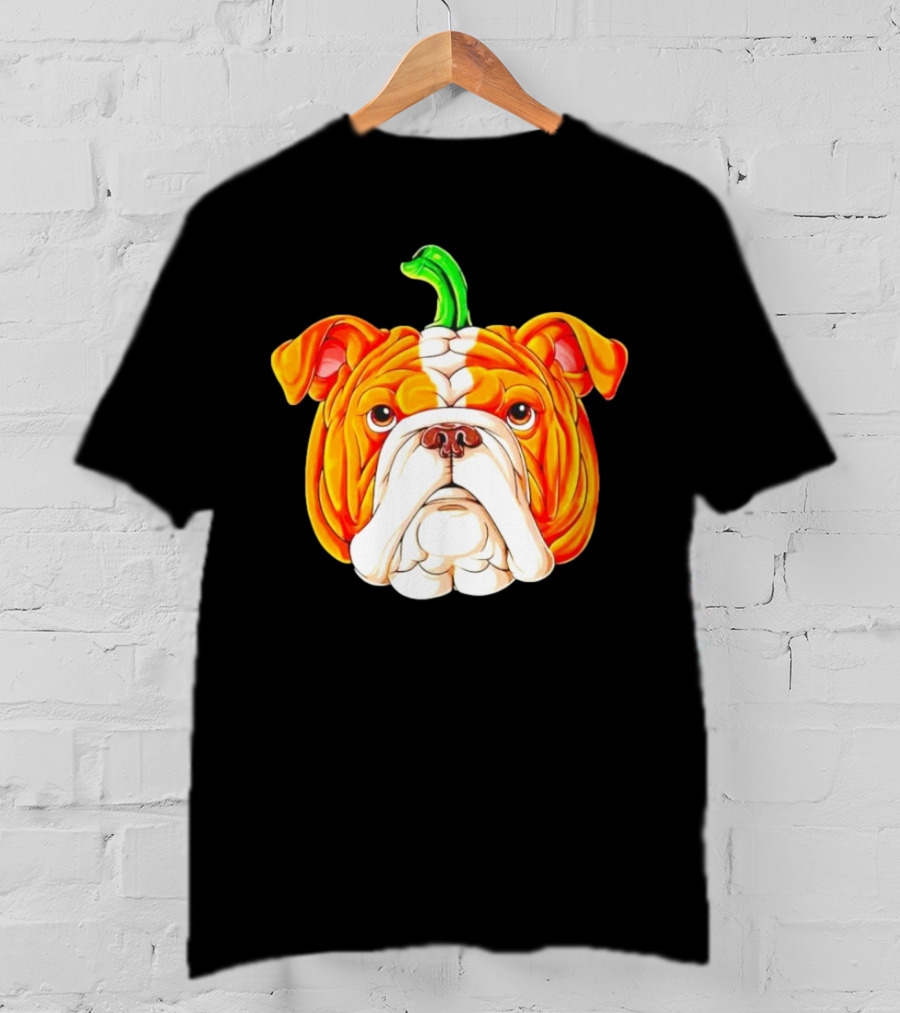 Bulldog Pumpkin Halloween Face With Green Stem T-Shirt