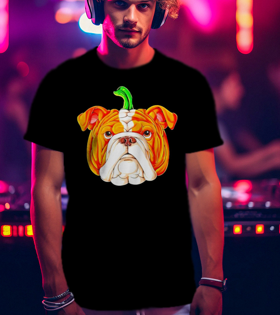 Bulldog Pumpkin Halloween Face With Green Stem T-Shirt