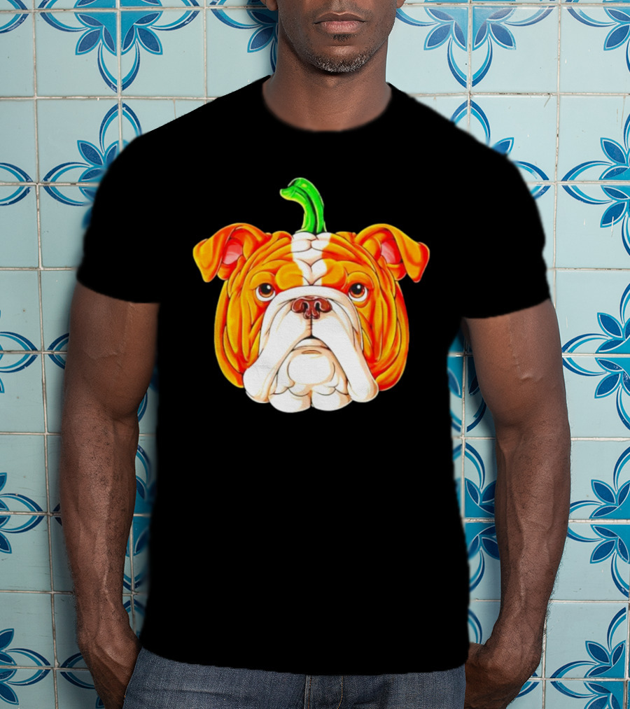 Bulldog Pumpkin Halloween Face With Green Stem T-Shirt