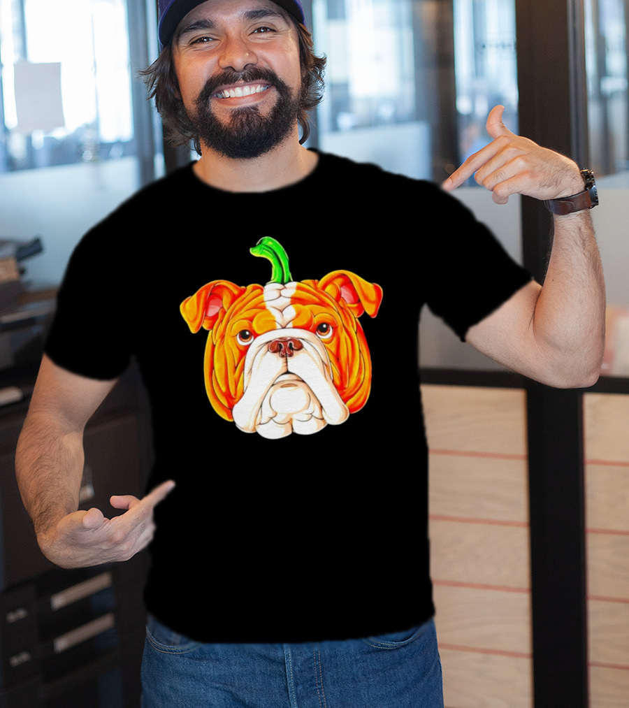 Bulldog Pumpkin Halloween Face With Green Stem T-Shirt
