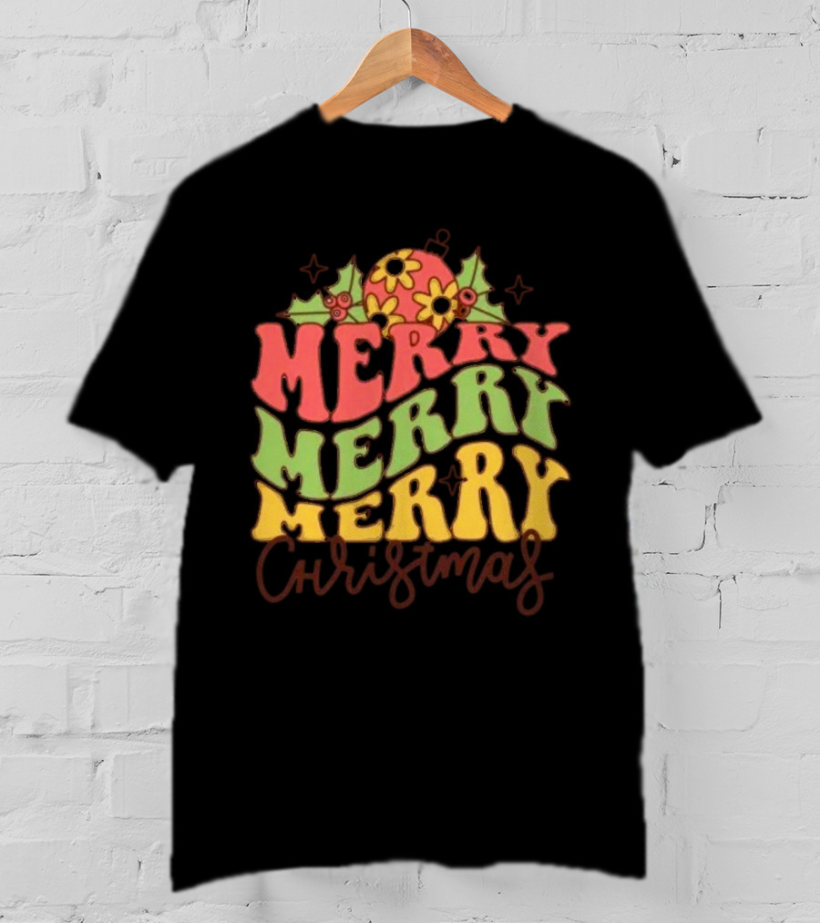 Merry Merry Merry Christmas Retro Flowers And Holly T-Shirt