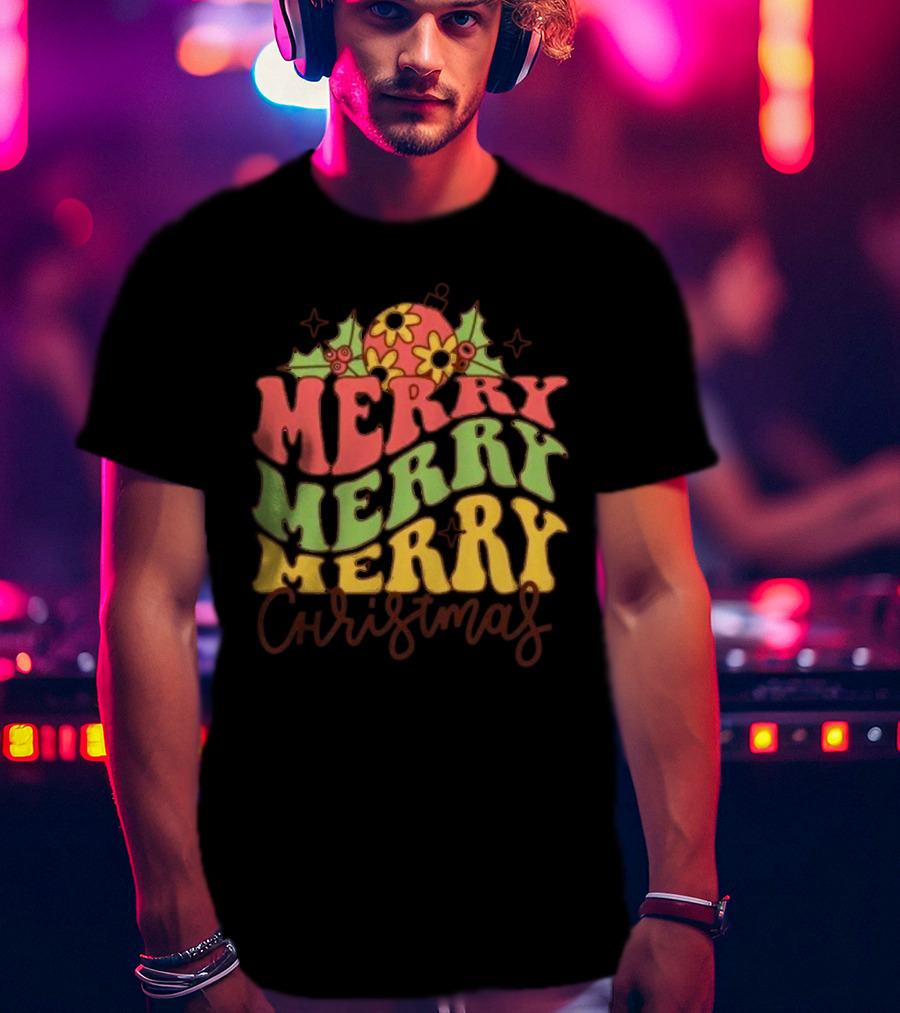 Merry Merry Merry Christmas Retro Flowers And Holly T-Shirt