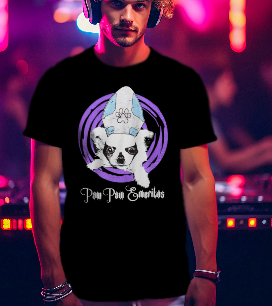 Paw Paw Emeritus Dog With White Mitre Hat And Purple Circle T-Shirt