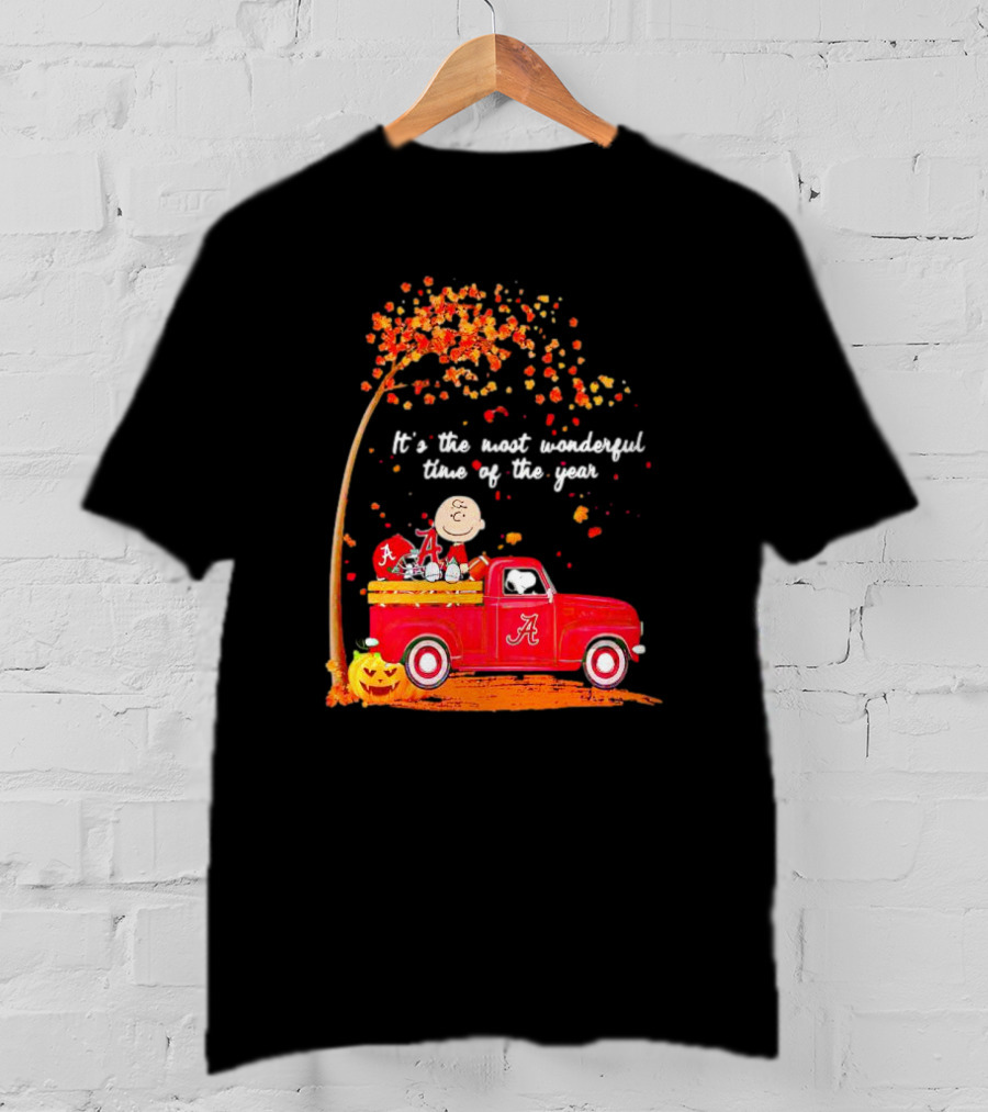 Peanuts Characters Alabama Crimson Tide Fall It's The Most Wonderful Time Of The Year Truck Football Pumpkins Leaves T-Shirt