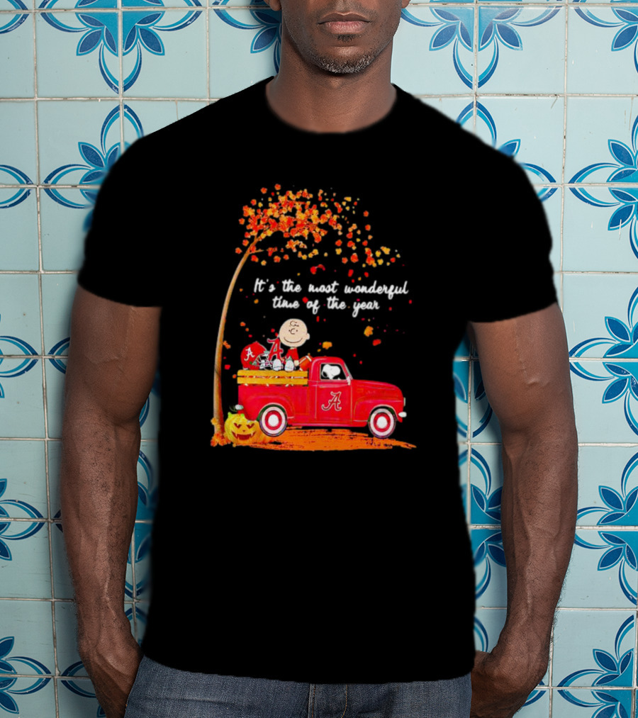 Peanuts Characters Alabama Crimson Tide Fall It's The Most Wonderful Time Of The Year Truck Football Pumpkins Leaves T-Shirt