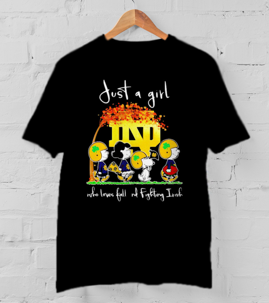Just A Girl Who Loves Fall ND Fighting Irish Peanuts Characters T-Shirt