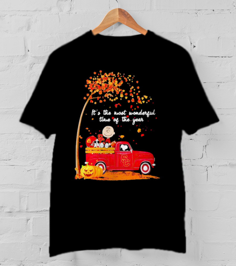 Peanuts Characters USC Trojans Fall It's The Most Wonderful Time Of The Year Football Truck Pumpkin Charlie Brown T-Shirt