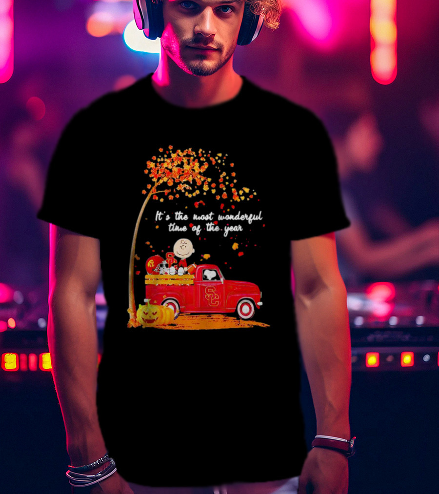 Peanuts Characters USC Trojans Fall It's The Most Wonderful Time Of The Year Football Truck Pumpkin Charlie Brown T-Shirt