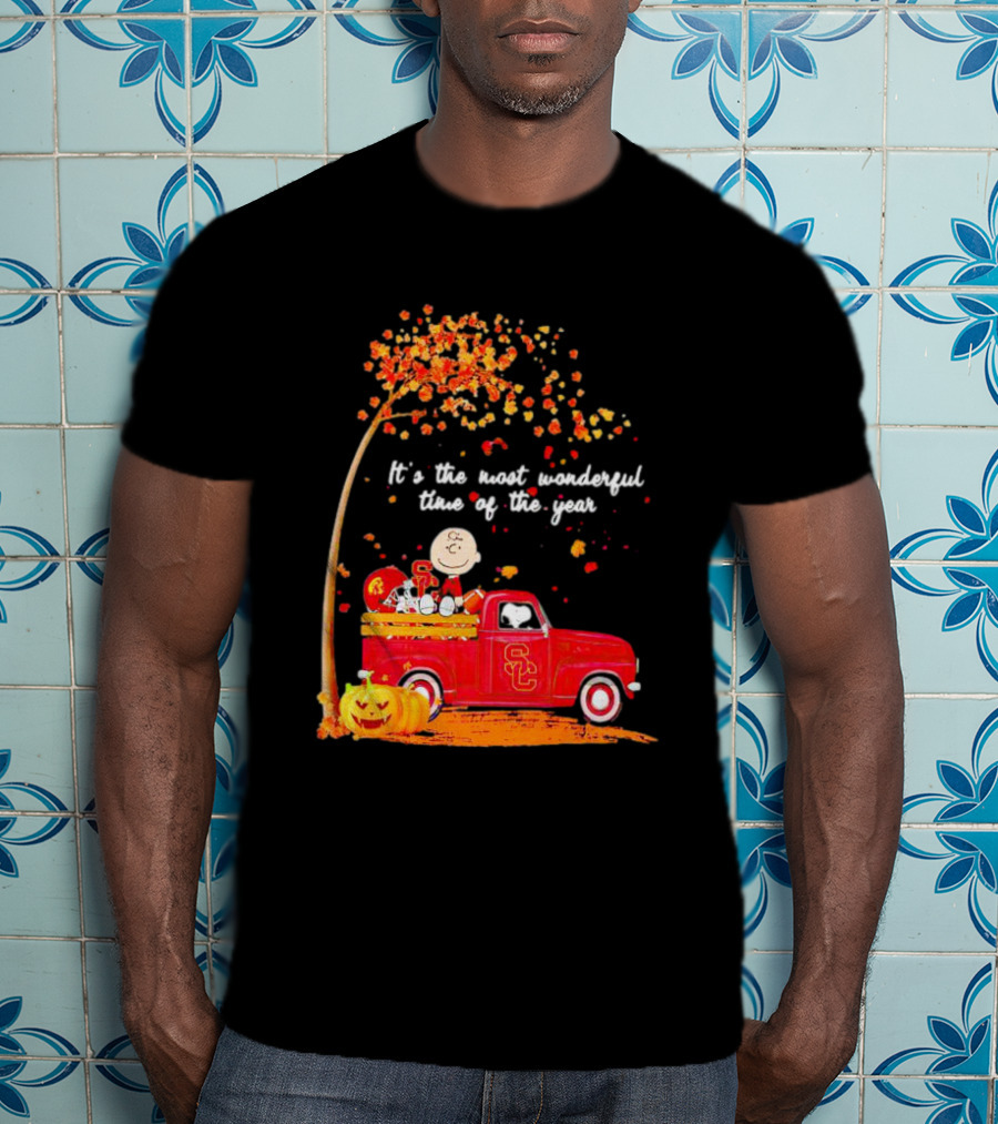 Peanuts Characters USC Trojans Fall It's The Most Wonderful Time Of The Year Football Truck Pumpkin Charlie Brown T-Shirt