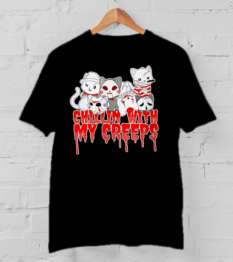Chillin With My Creeps Cat Horror Icons T-Shirt