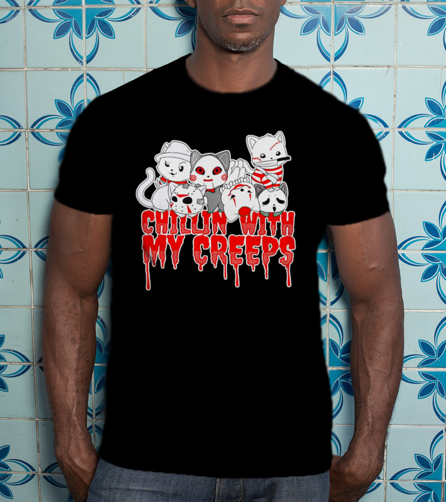 Chillin With My Creeps Cat Horror Icons T-Shirt
