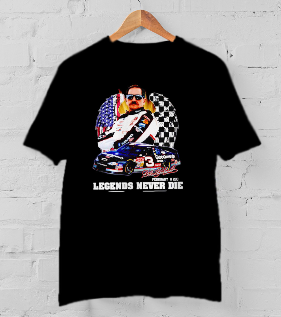 Dale Earnhardt Legends Never Die February 18 2001 Racing Icon American Flag Checkered Flag T-Shirt