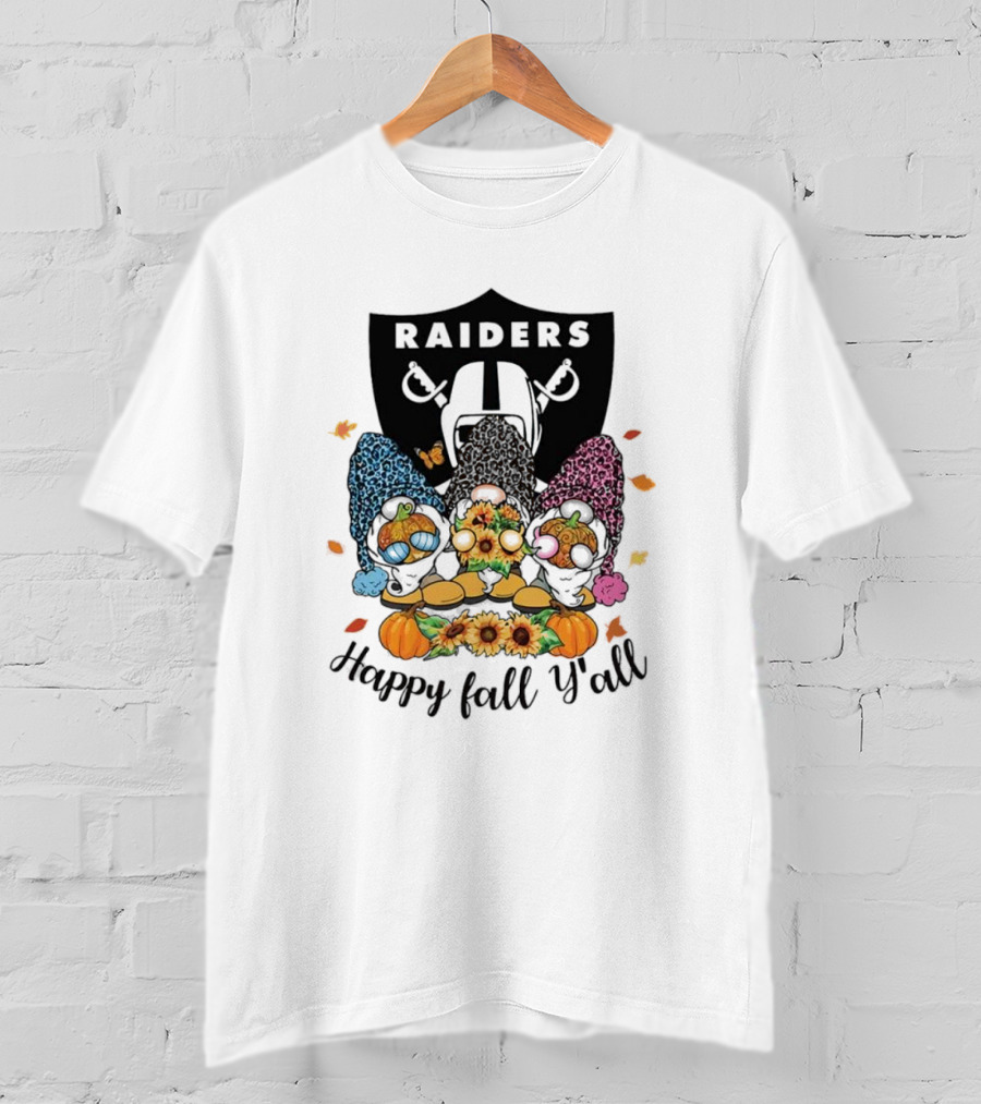 Raiders Gnomes With Sunflowers And Pumpkins Happy Fall Y'all T-Shirt