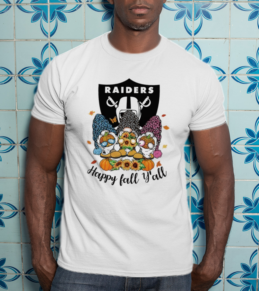 Raiders Gnomes With Sunflowers And Pumpkins Happy Fall Y'all T-Shirt