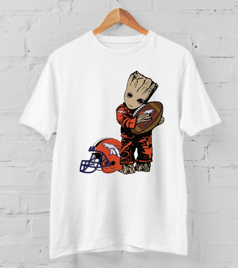 Groot Hugging Denver Broncos Football And Helmet T-Shirt