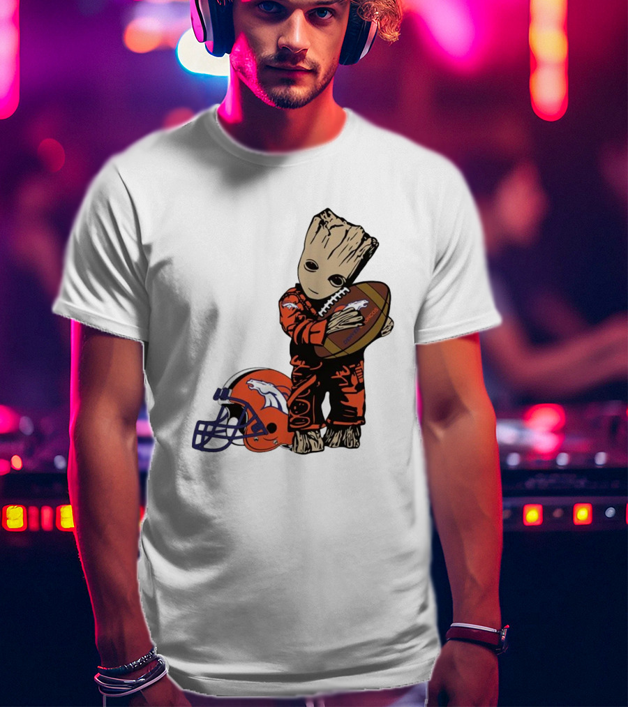 Groot Hugging Denver Broncos Football And Helmet T-Shirt