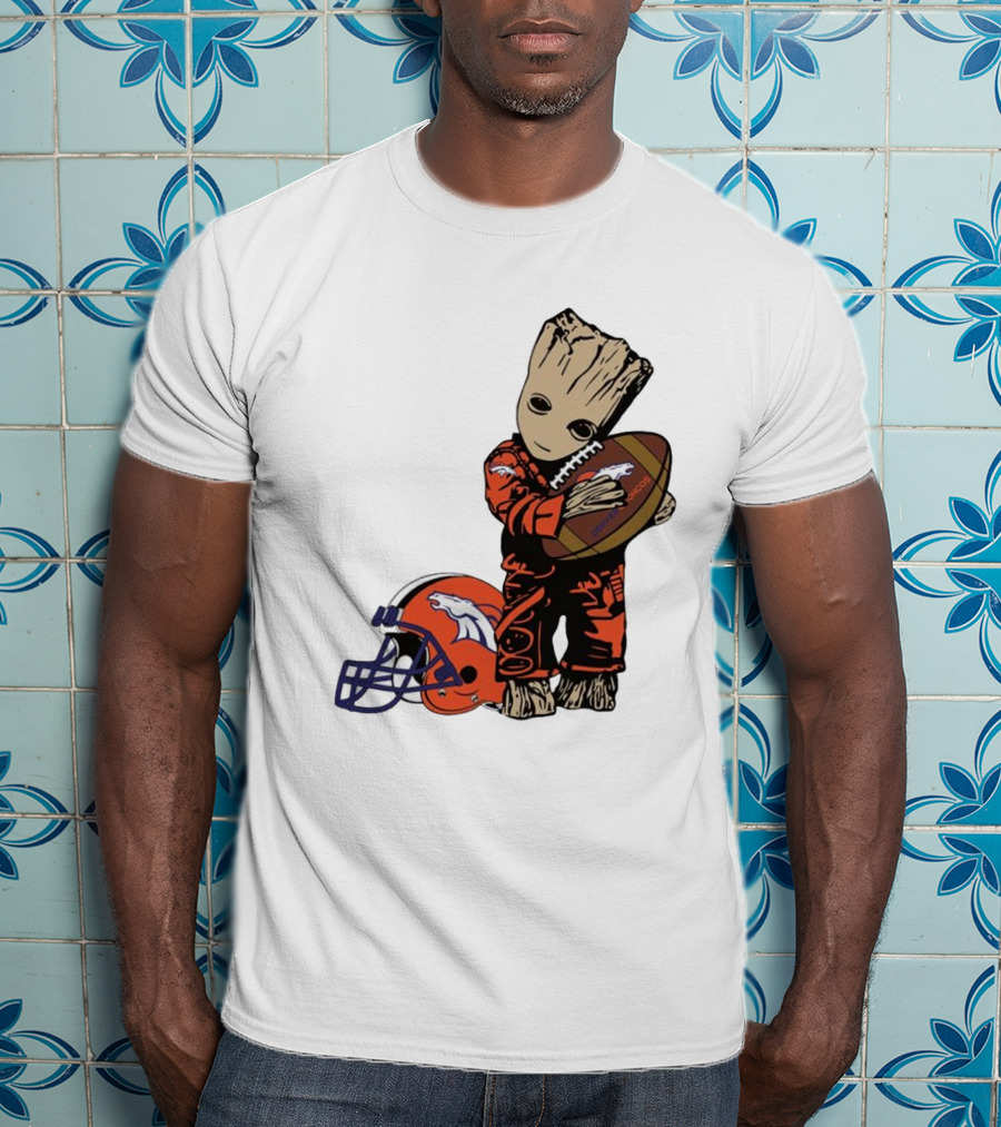 Groot Hugging Denver Broncos Football And Helmet T-Shirt