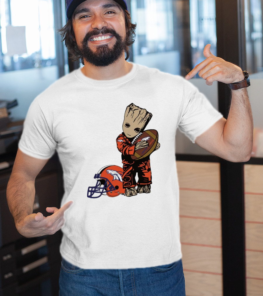 Groot Hugging Denver Broncos Football And Helmet T-Shirt
