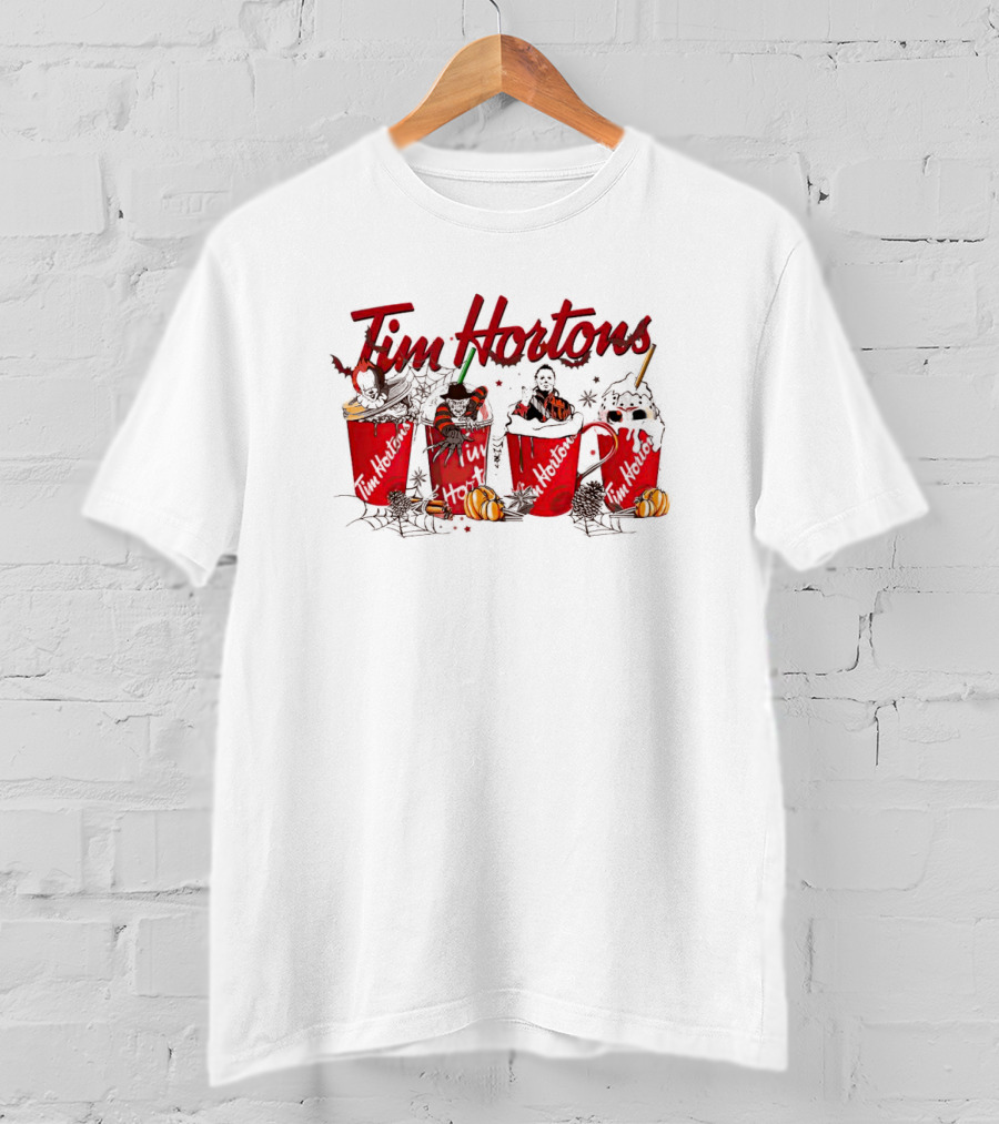 Horror Halloween Tim Hortons Cups With Spooky Figures And Pumpkins T-Shirt