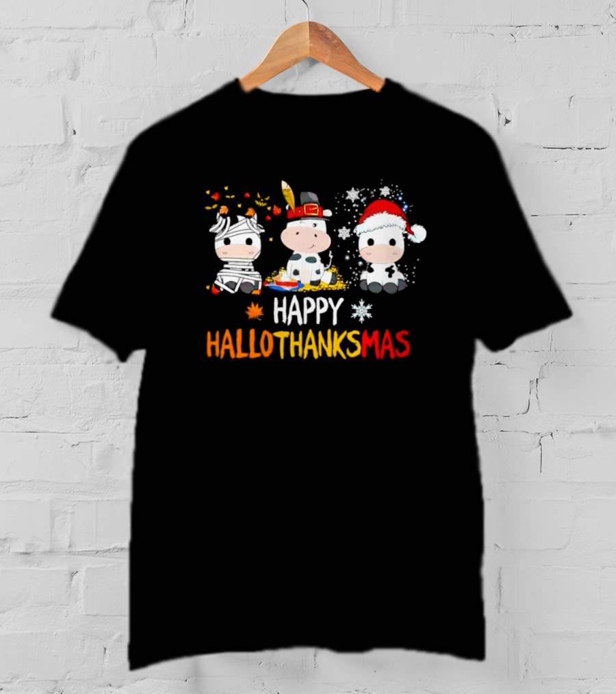 Happy HalloThanksMas Cute Cow Trio In Halloween Thanksgiving Christmas Outfits T-Shirt
