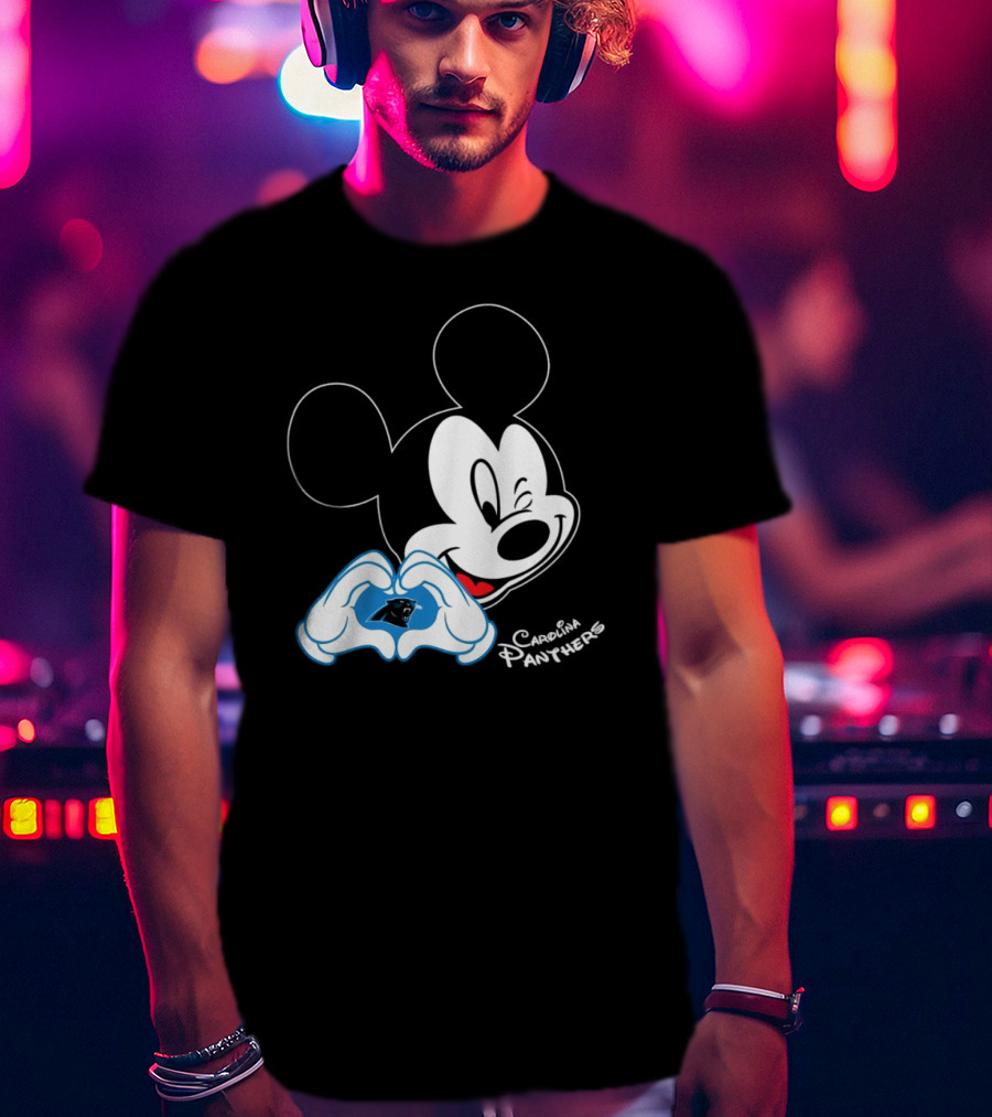 Mickey Carolina Panthers Fan Logo With Heart Gesture T-Shirt