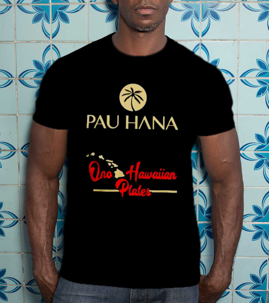 Pau Hana Palm Logo Ono Hawaiian Plates Map T-Shirt