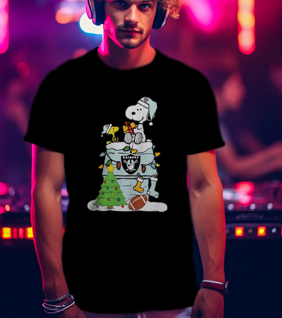 Raiders Snoopy Christmas With Doghouse Lights And Football T-Shirt