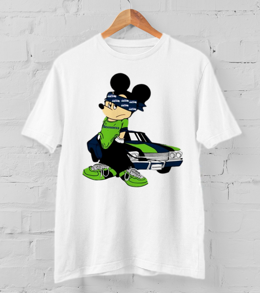 Seattle Seahawks Mickey Mouse Gangster Car Football Fan T-Shirt