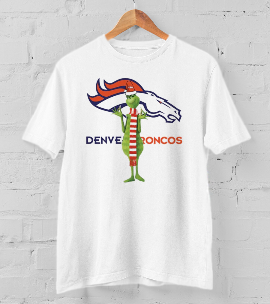 Grinch In Santa Hat And Scarf With Denver Broncos T-Shirt