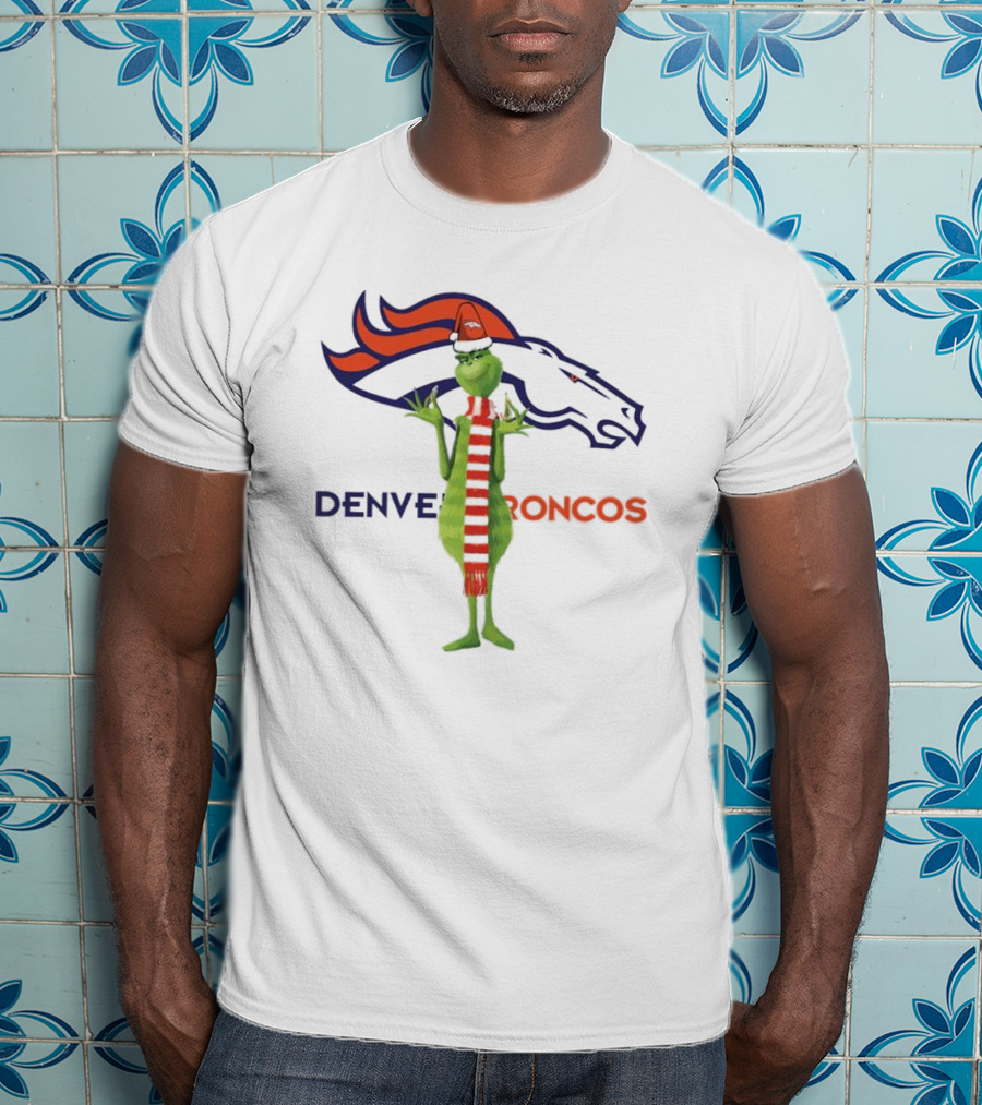 Grinch In Santa Hat And Scarf With Denver Broncos T-Shirt