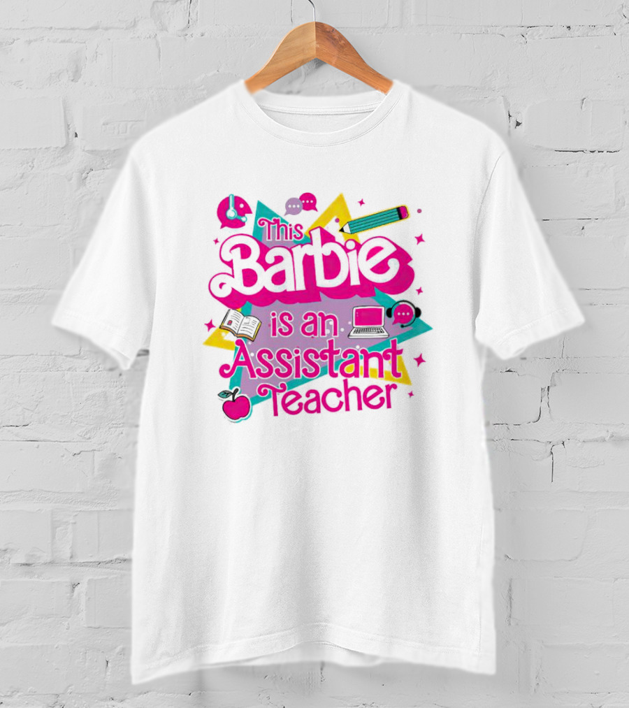 This Barbie Is An Assistant Teacher With Headphones Pencil Book Laptop Apple T-Shirt