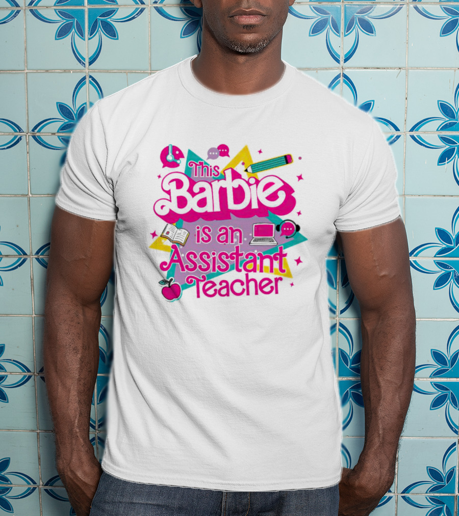 This Barbie Is An Assistant Teacher With Headphones Pencil Book Laptop Apple T-Shirt