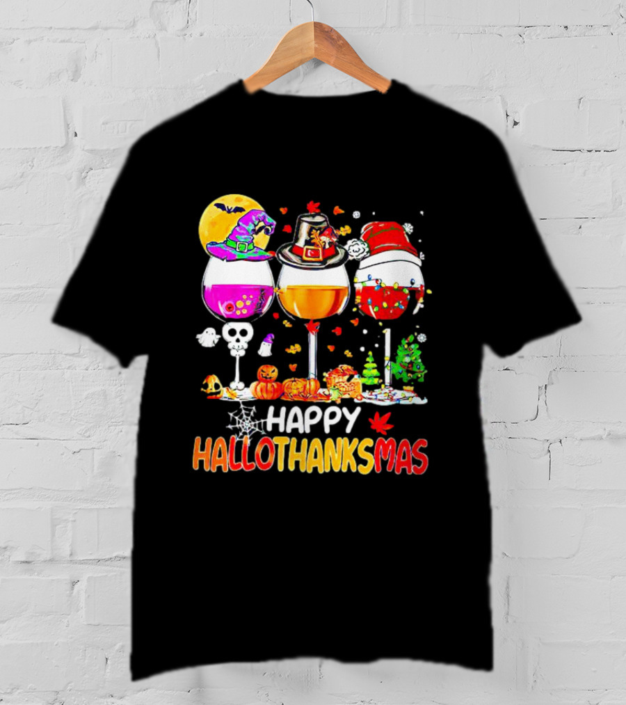 Happy Hallothanksmas Wine Halloween Thanksgiving Christmas T-Shirt