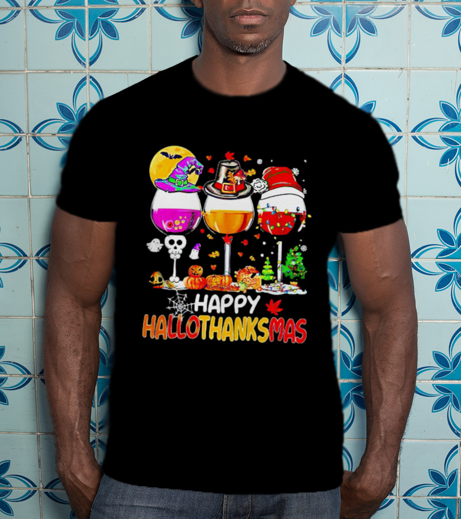 Happy Hallothanksmas Wine Halloween Thanksgiving Christmas T-Shirt