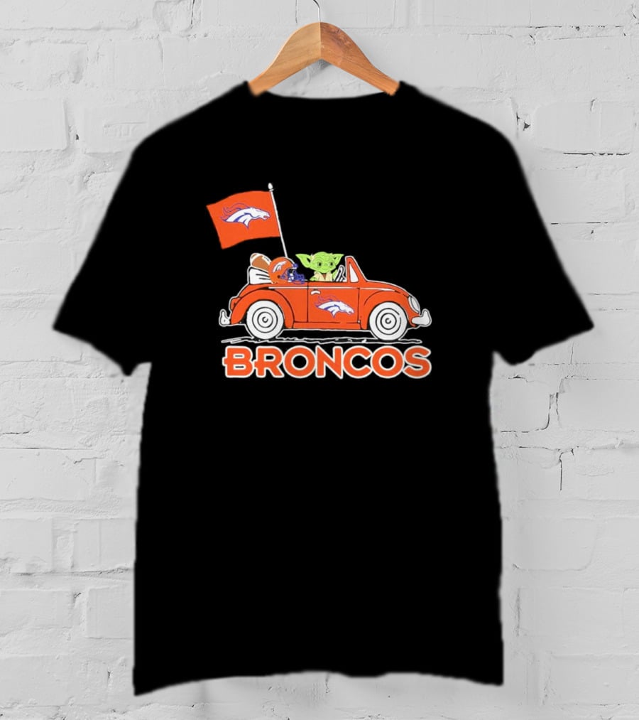 Yoda With Helmet In Denver Broncos Car With Flag T-Shirt