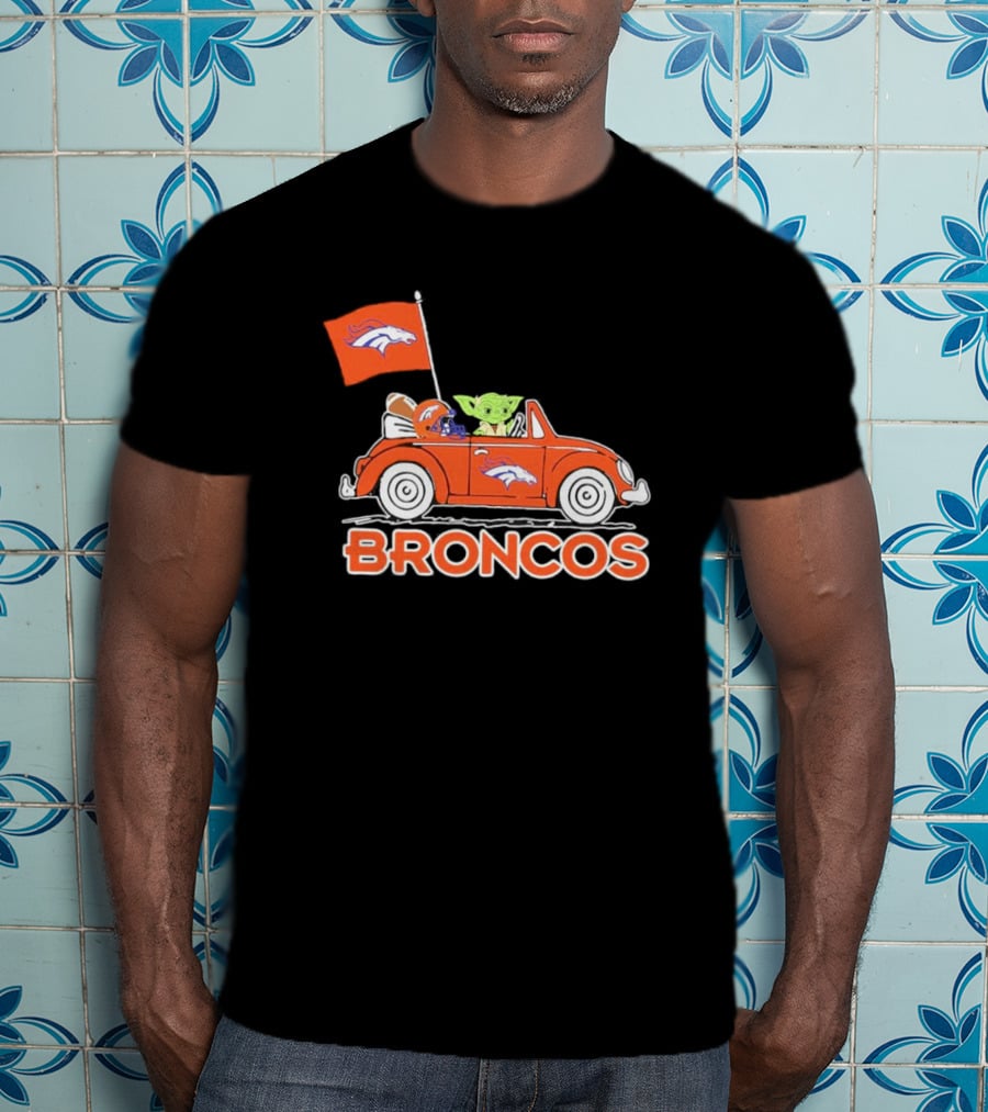 Yoda With Helmet In Denver Broncos Car With Flag T-Shirt
