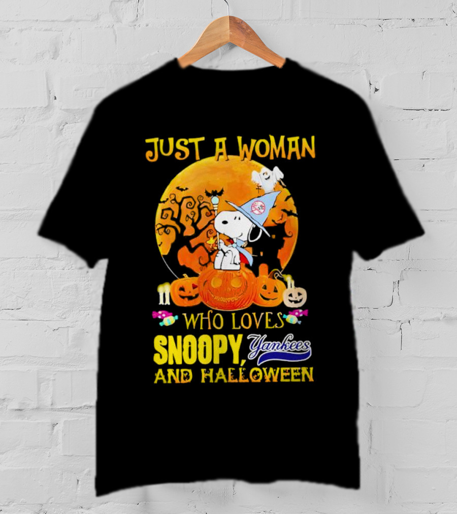 Just A Woman Who Loves Snoopy Yankees And Halloween T-Shirt