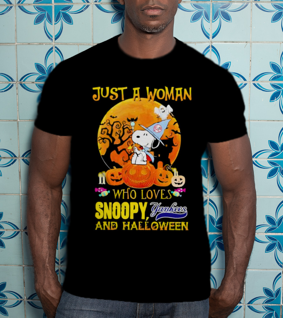 Just A Woman Who Loves Snoopy Yankees And Halloween T-Shirt