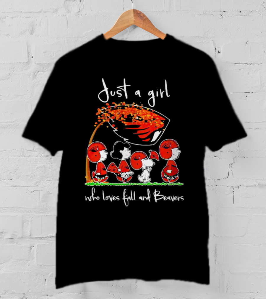 Just A Girl Who Loves Fall And Beavers Peanuts Characters In Football Gear T-Shirt
