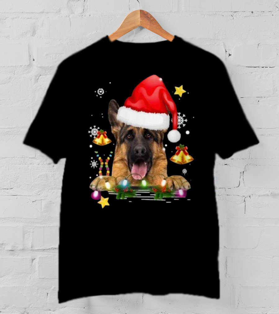 Happy Merry Christmas Lights German Shepherd Dog Festive Santa Hat T-Shirt